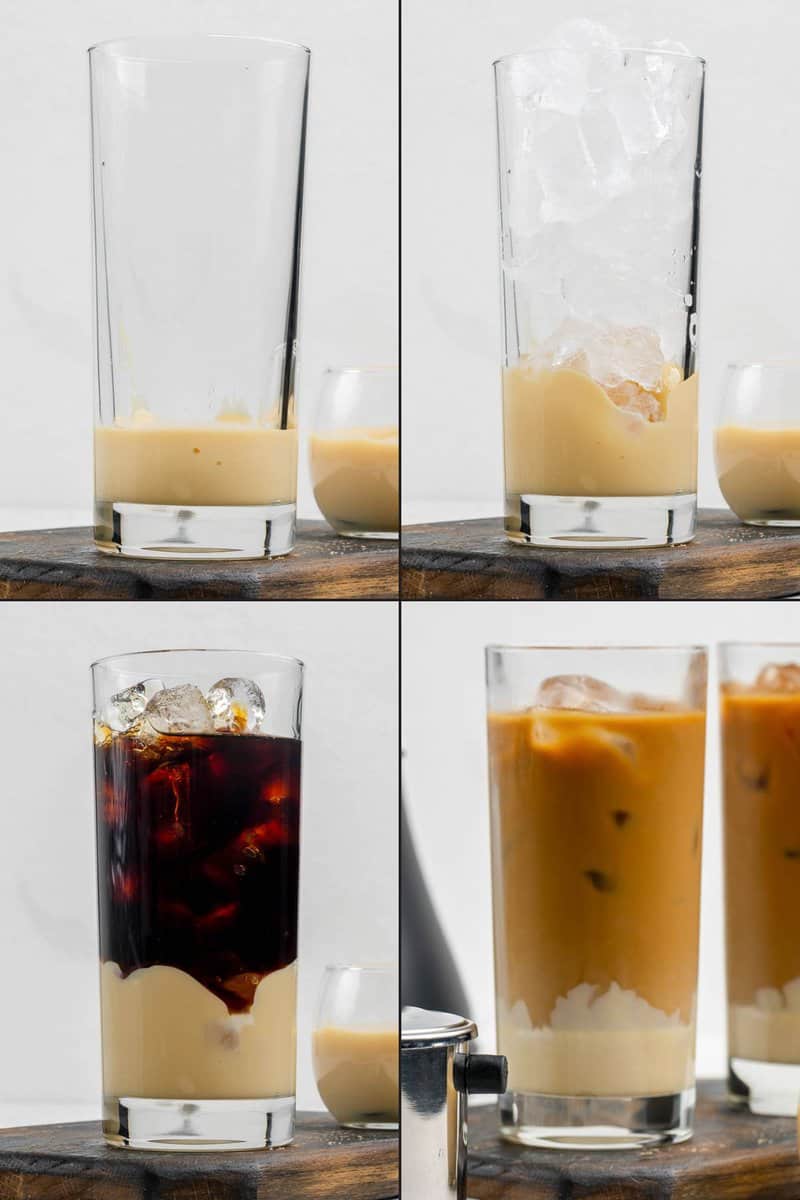 Collage of making Vietnamese iced coffee.