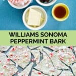 Copycat Williams Sonoma peppermint bark ingredients and the finished candy.