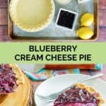 Blueberry cream cheese pie ingredients and a slice of the pie.