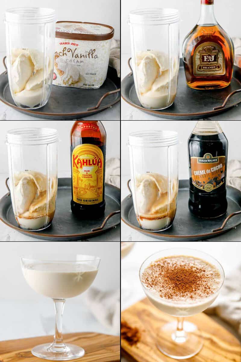 Collage of making Brandy Alexander with ice cream.