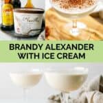 Brandy Alexander with ice cream ingredients and the finished drink.