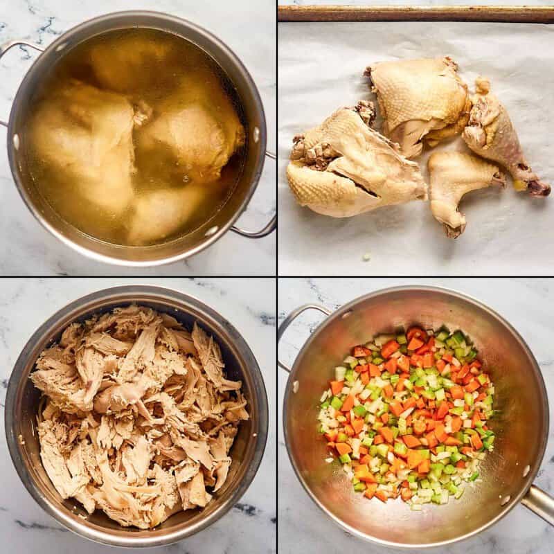 Collage of boiling chicken and cooking chopped vegetables.