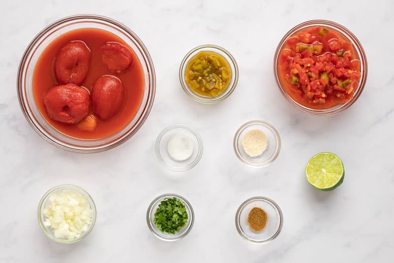 Copycat Chili's salsa ingredients in bowls.