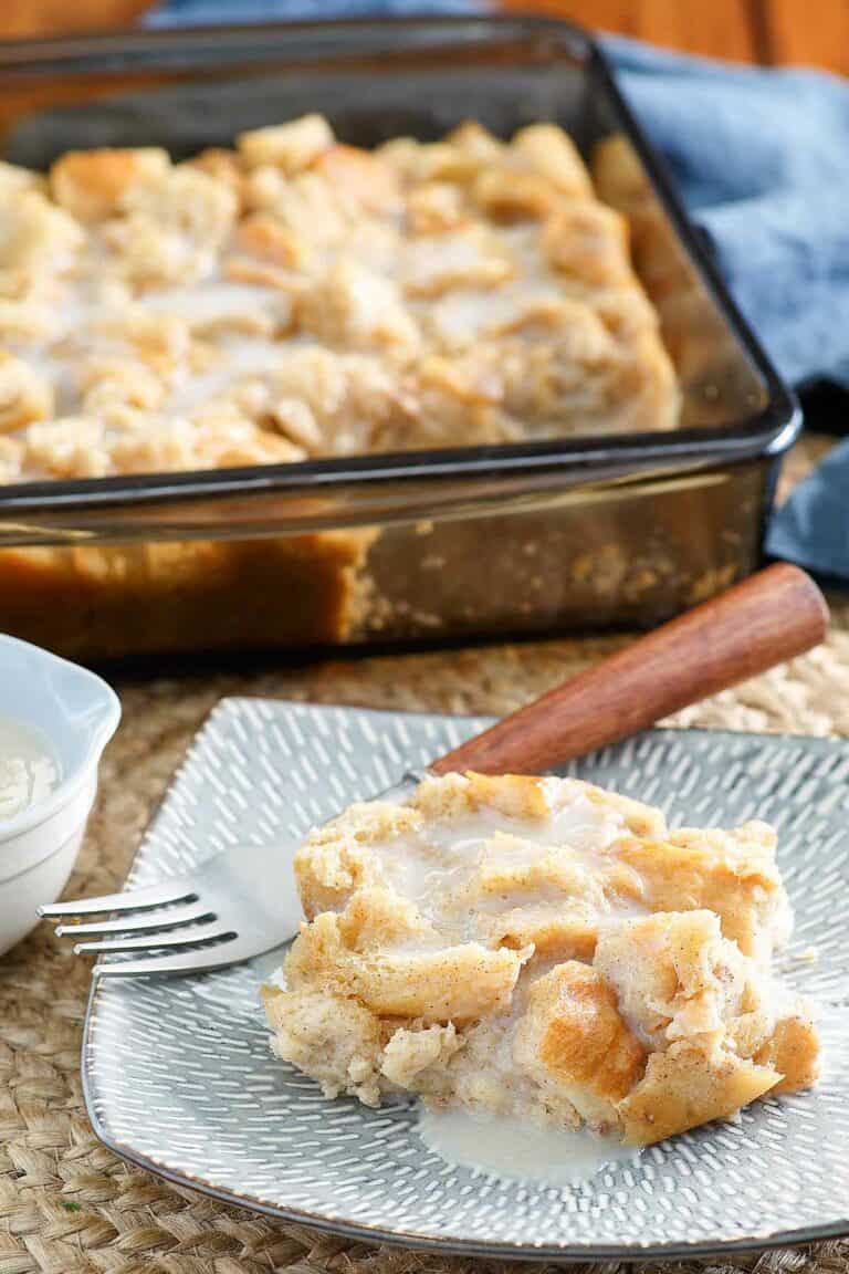 Copycat Golden Corral bread pudding with vanilla sauce.