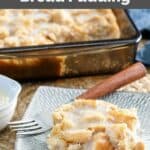 Homemade Golden Corral bread pudding on a plate and in a baking dish.