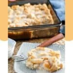 Homemade Golden Corral bread pudding in a baking dish and on a plate.