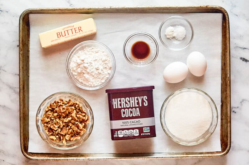 Hershey's brownies ingredients on a tray.