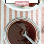 Copycat Hershey's chocolate syrup and a spoon in a small glass bowl.