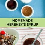 Homemade Hershey's chocolate syrup ingredients and the syrup in a bowl.