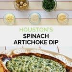 Copycat Houston's spinach artichoke dip ingredients and the finished dip.