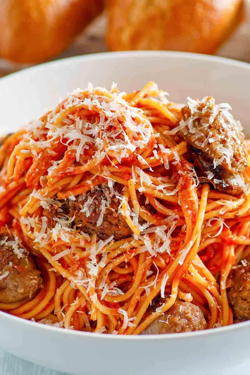 Instant Pot spaghetti and sausage in a bowl.