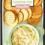 Crackers and homemade Kroger Jarlsberg cheese dip on a tray.