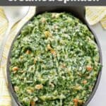 Copycat Lawry's creamed spinach with bacon in a serving dish.