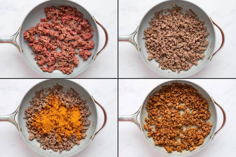 Collage of cooking and seasoning ground beef for Mexican cornbread casserole.