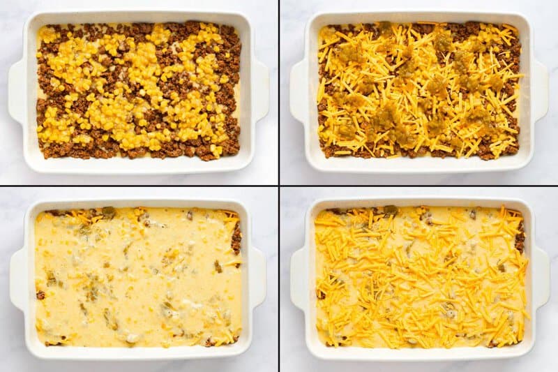 Collage of placing Mexican cornbread casserole ingredients in a baking dish.