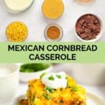 Mexican cornbread casserole ingredients and a serving on plate.