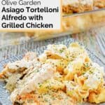 A plate of homemade Olive Garden Asiago Tortelloni Alfredo with grilled chicken.