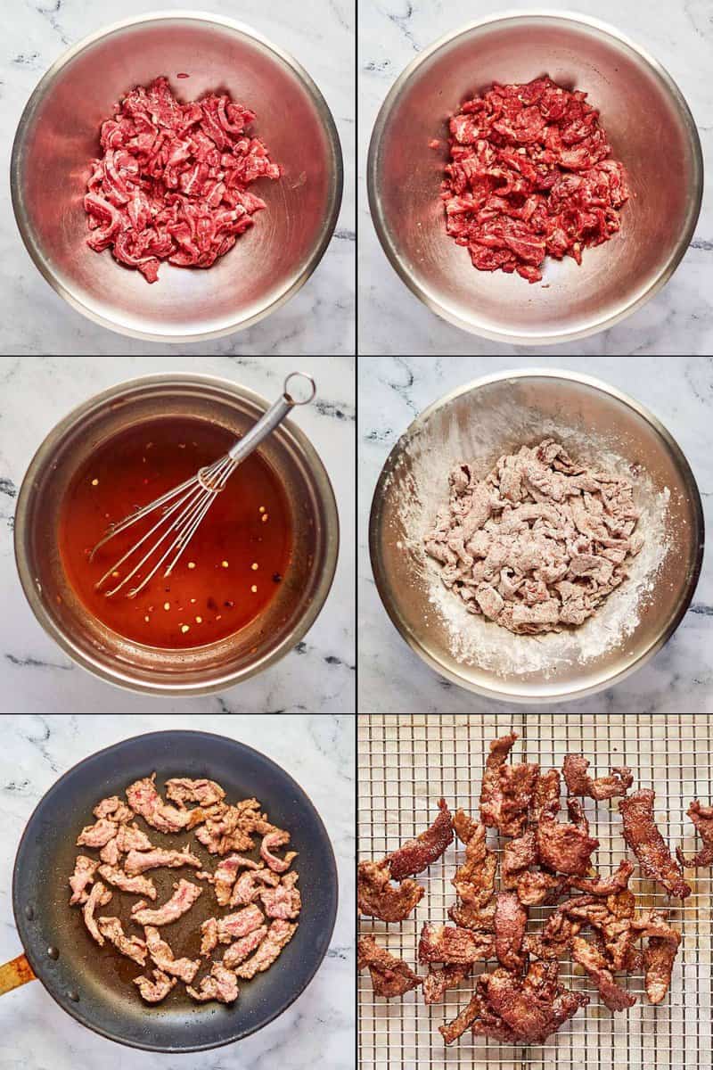 Collage of preparing beef and sauce for copycat Panda Express Beijing beef.