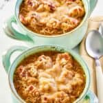 Copycat Panera French onion soup in two bowls.