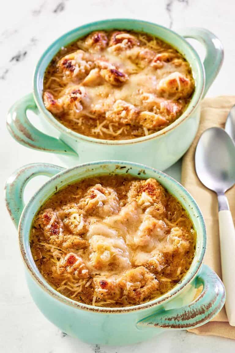 Copycat Panera French onion soup in two bowls.