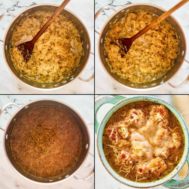 Collage of making and serving copycat Panera French onion soup.