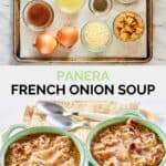 Copycat Panera French onion soup ingredients and the finished soup.