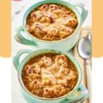 Two bowls of homemade Panera French onion soup.