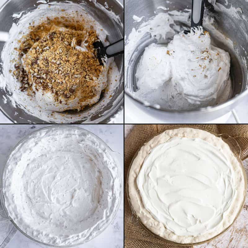 Collage of making meringue crust and filling it with whipped cream for a pecan delight pie.