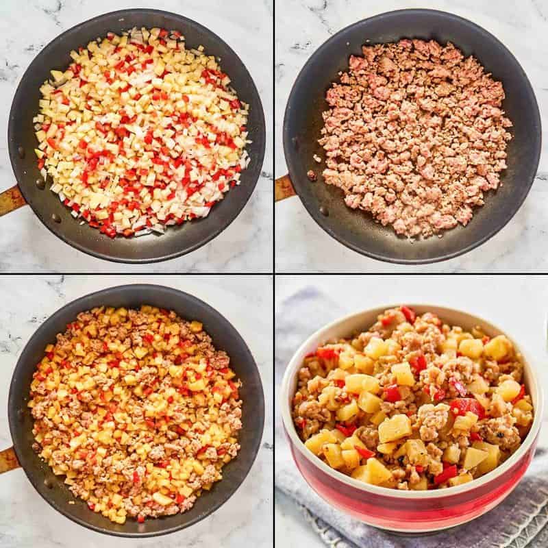 Collage of making and serving sausage hash.