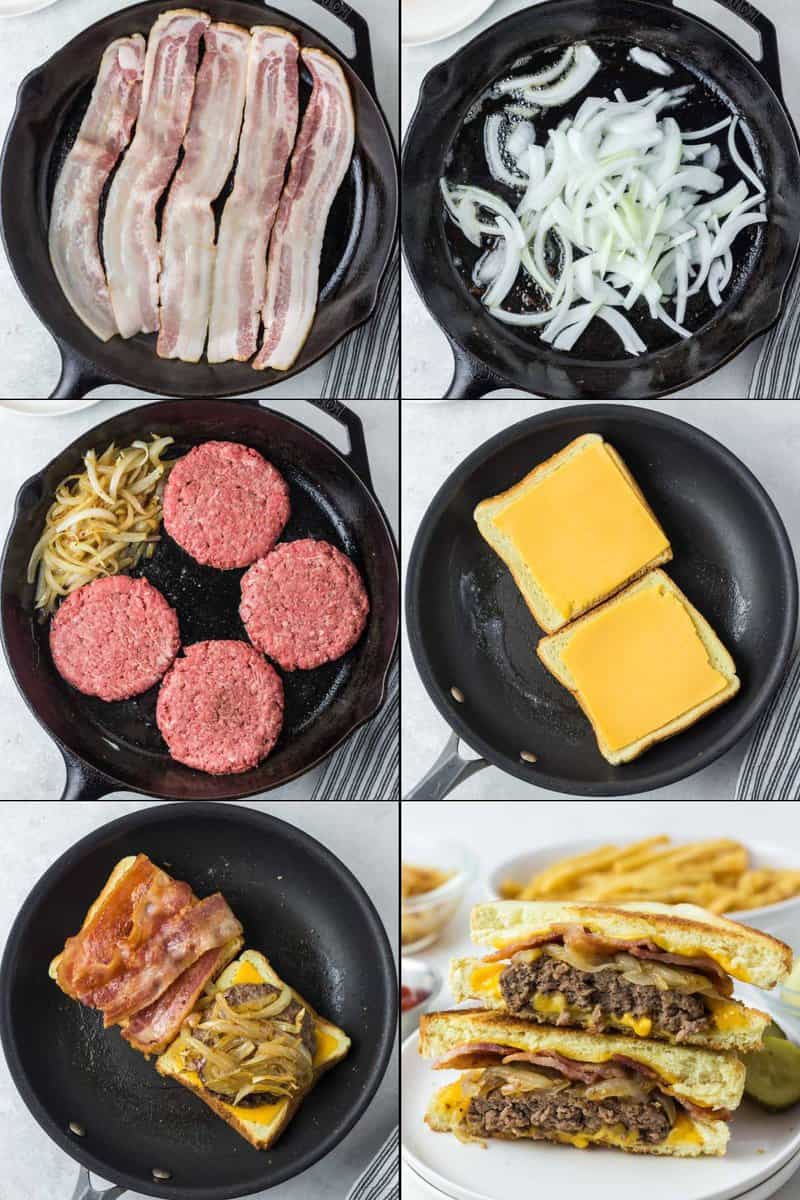 Collage of making copycat Waffle House Texas bacon patty melt.