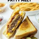 Homemade Waffle House Texas bacon patty melt on a plate and a bowl of fries behind it.