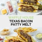 Copycat Waffle House Texas bacon patty melt ingredients and the finished sandwich.