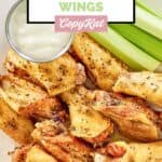Homemade Wingstop lemon pepper chicken wings, dipping sauce, and celery sticks.