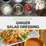Copycat Benihana ginger salad dressing ingredients and the dressing in a bowl.