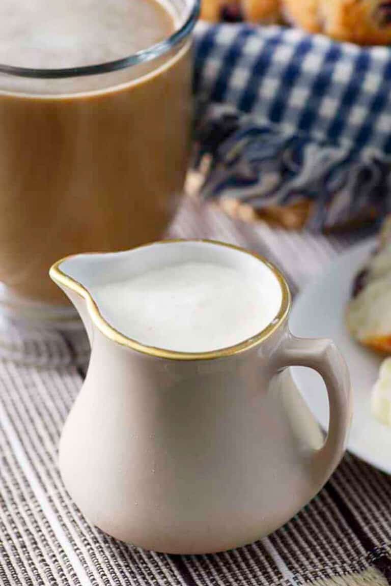 Homemade French Vanilla coffee creamer in a small pitcher.
