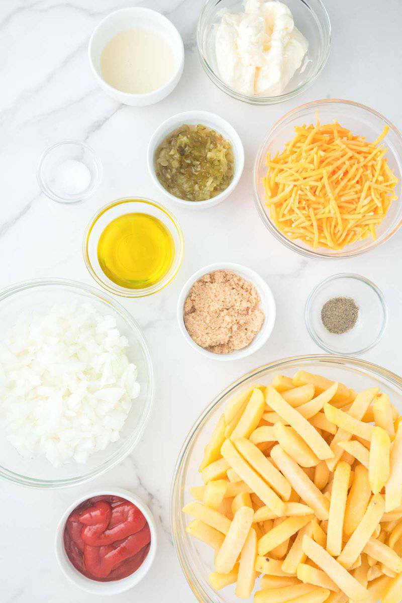 Copycat In-N-Out animal style fries ingredients in bowls.