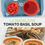 Copycat La Madeleine tomato basil soup ingredients and the soup in two bowls.