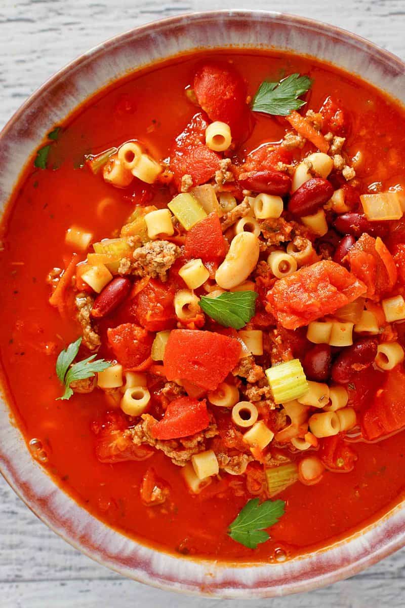 A bowl of copycat Olive Garden pasta e fagioli soup.