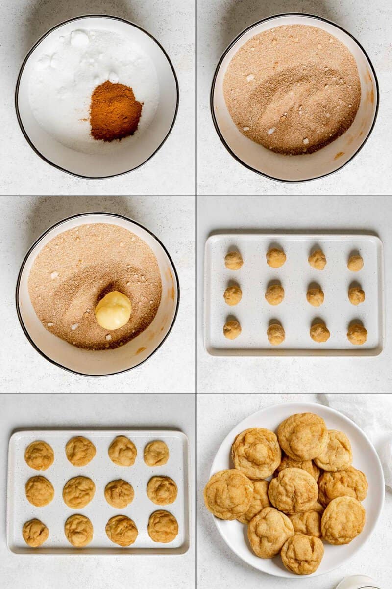 Collage of baking snickerdoodle cookies.