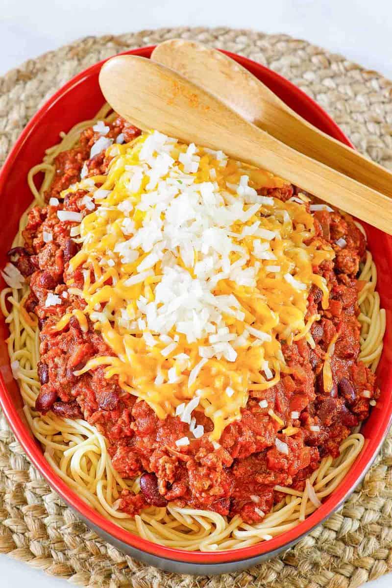 Copycat Steak and Shake 5 way chili in a bowl.