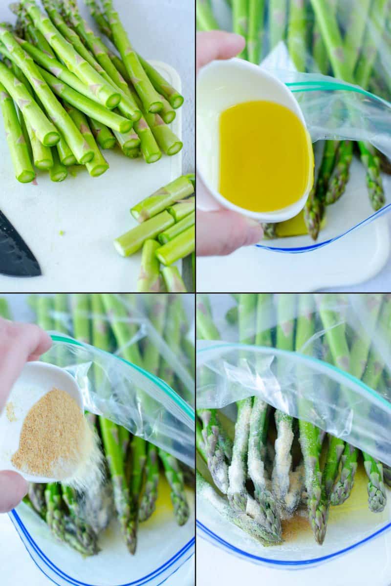 Collage of preparing asparagus for air frying.
