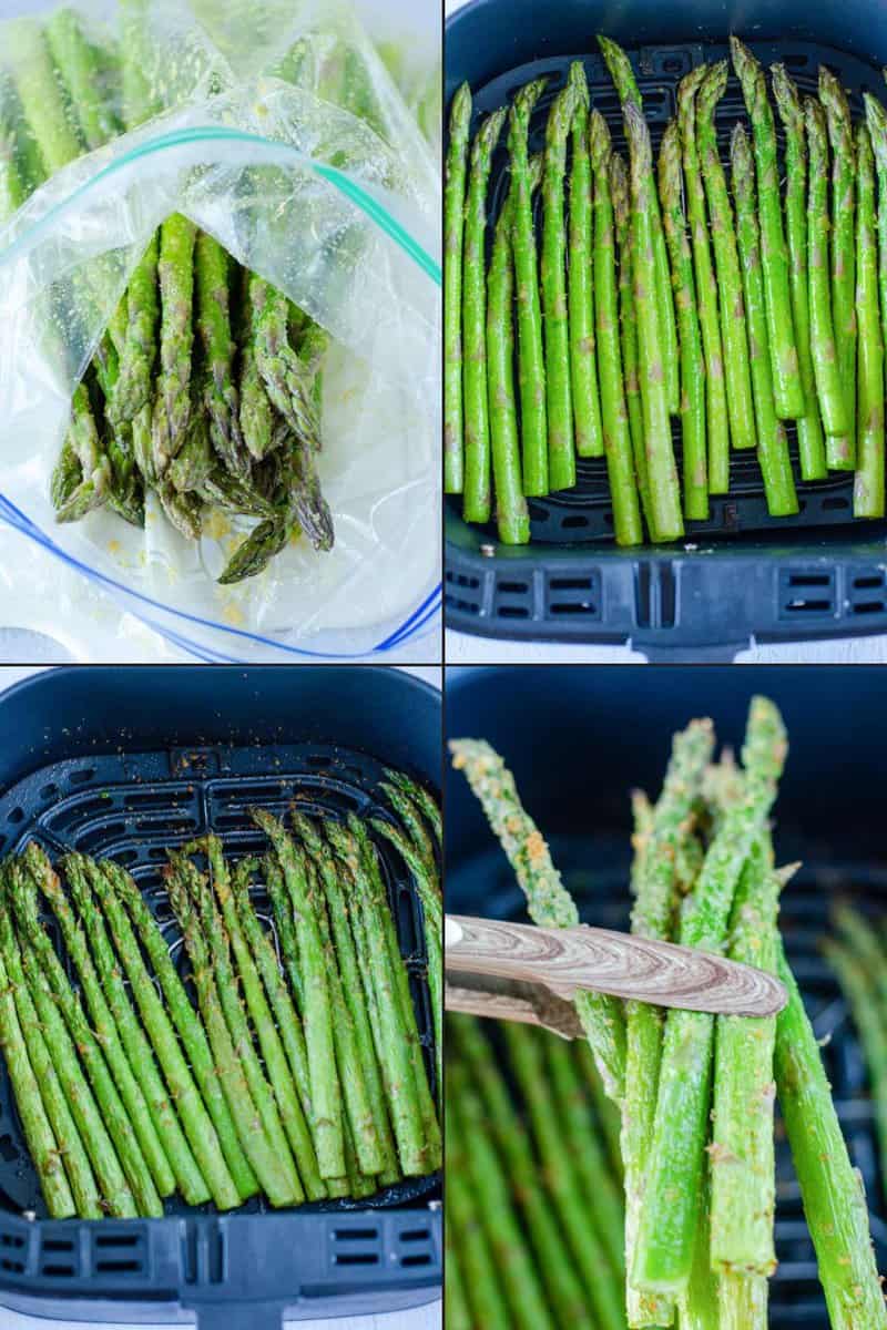 Collage of air frying seasoned asparagus spears.
