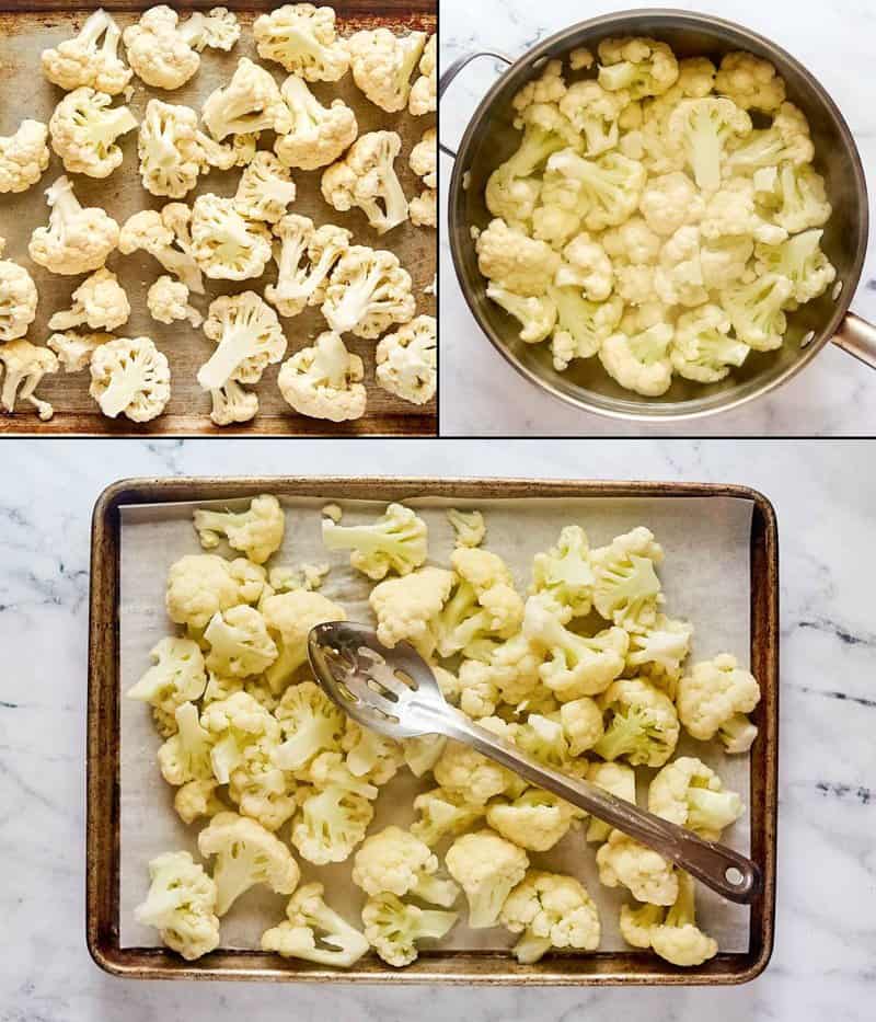 Collage of preparing cauliflower for baking it with cheese sauce.