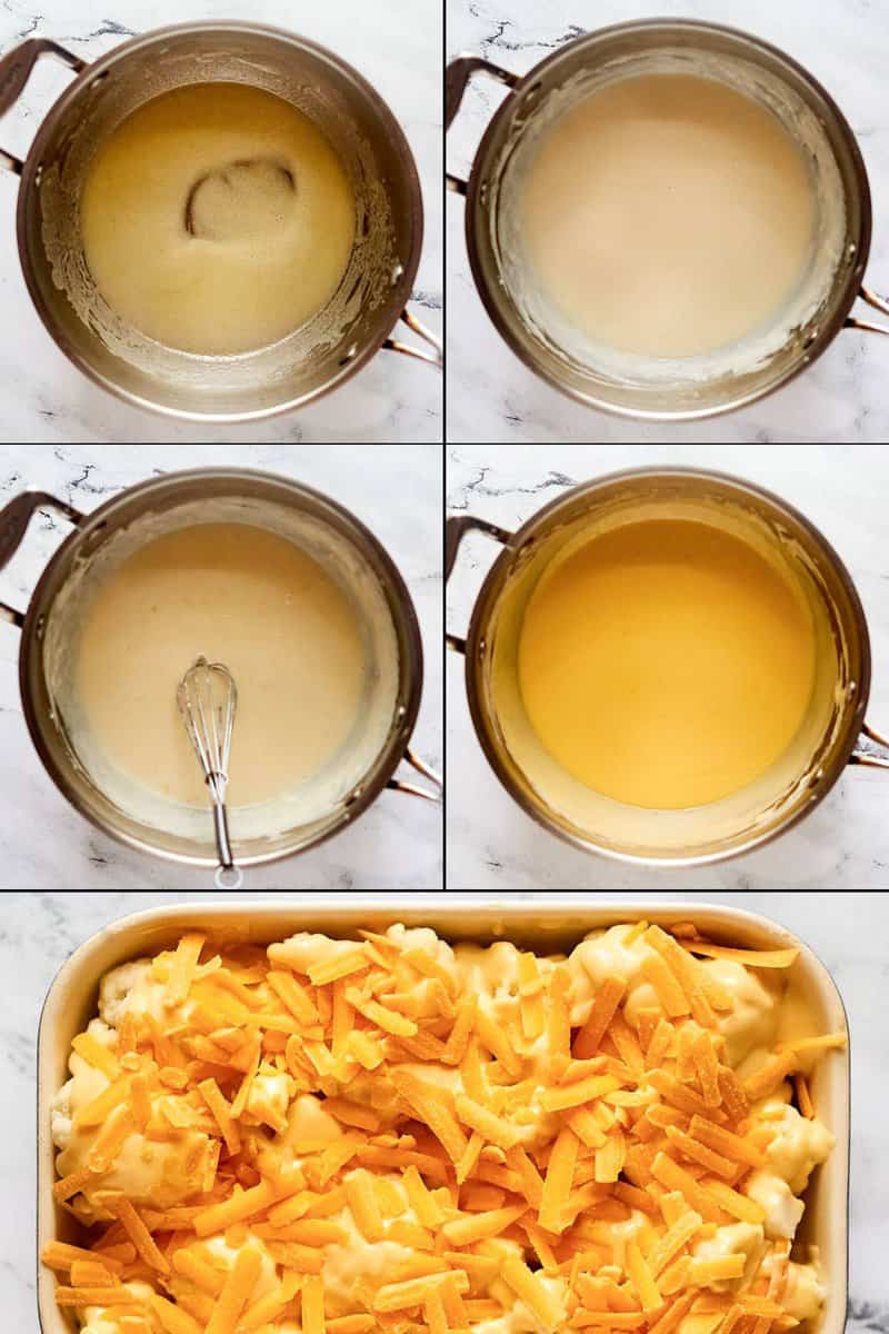 Collage of making cheese sauce for cauliflower.