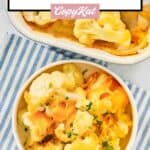 Baked cauliflower with cheese sauce serving in a bowl next to the dish.