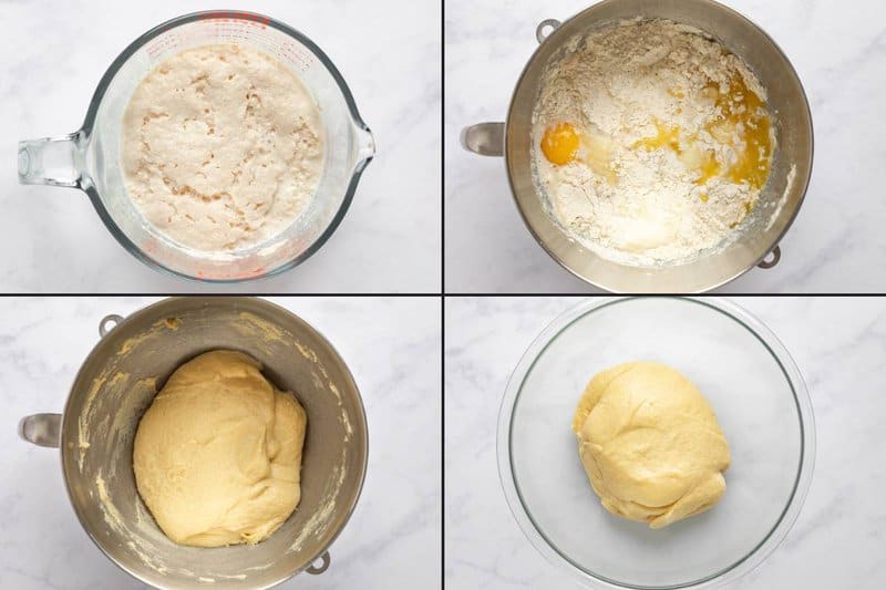 Collage of making dough for copycat Cinnabon cinnamon rolls.