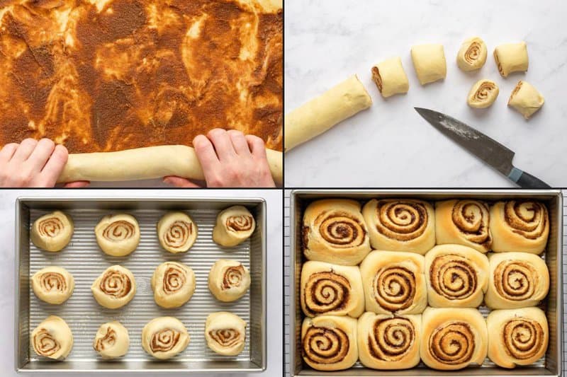 Collage of rolling up dough, cutting into slices, and baking cinnamon rolls.