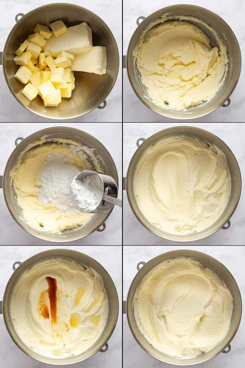 Collage of making copycat Cinnabon cream cheese frosting.