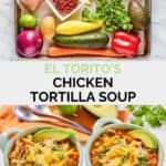 Copycat El Torito's chicken tortilla soup ingredients and the soup in bowls.