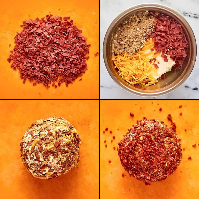 Collage of making French onion cheese ball.